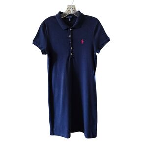 Ralph Lauren Navy Blue Polo Shirt Dress Pink Pony Logo Short Sleeve M